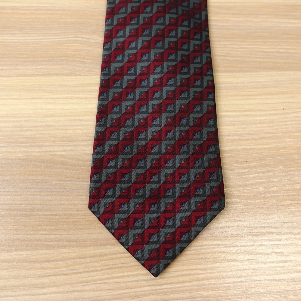 Yves Saint Laurent Tie Mens Burgundy Red Gray Chevron Stripe Skinny Luxury YSL - Picture 3 of 12